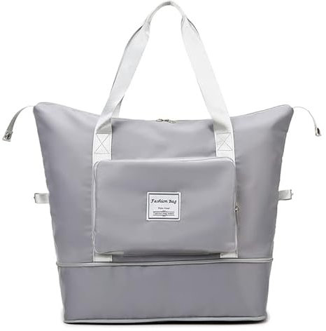 Großes Sporttäschchen für Herren und Damen - faltbare Reisetasche mit Schulterriemen - Wasserabweisendes Reisehandgepäck mit Nässebereich - leichtgewichtig (Grau)