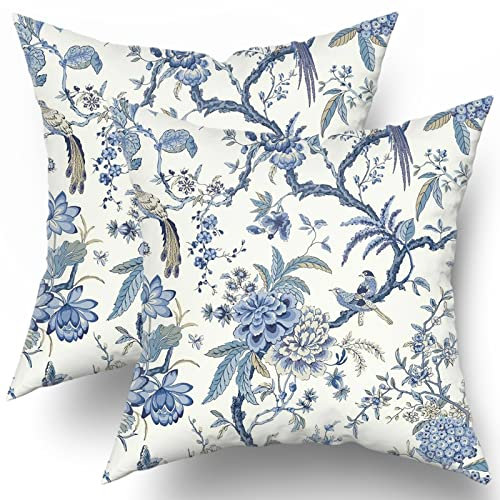 Chinoiserie Kissenbezüge, 50.8x50.8 cm, Blau und Weiß, Outdoor-Kissen, blaue Vögel, Blumen, Wurfkissenbezüge, Baumwolle, quadratisch, Kissenbezug, Dekor für Schlafzimmer, Couch, Bett, Stuhl, 2er