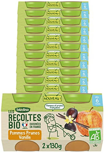 Blédina - Les Recoltes Bio - Petits pots pour bébé - Pommes Prunes Vanille - Recette BIO et simple - De 4 à 6 mois - 24 pots de 130g