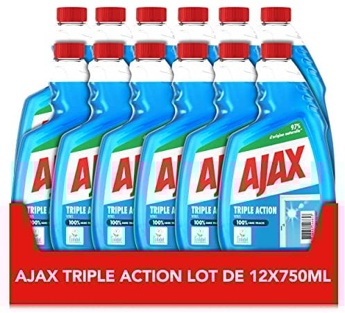 Ajax - Produit Nettoyant Vitres Ajax Triple Action recharges - Pour des Vitres 100% Sans Traces et 100% transparentes - Nettoie en profondeur - Formule 3 En 1-750mlx12