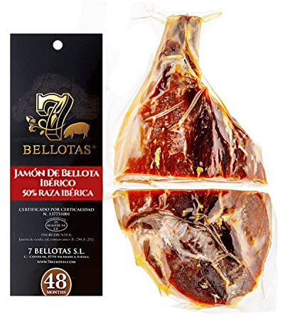 7 BELLOTAS Iberischer Eichel-Schinken | JAMON Bellota 50% IBERICO Feldköderschinken PATA NEGRA | Spanischer Schinken Bellota 48 Monate (Ohne Knochen + 3,2 Kg.)