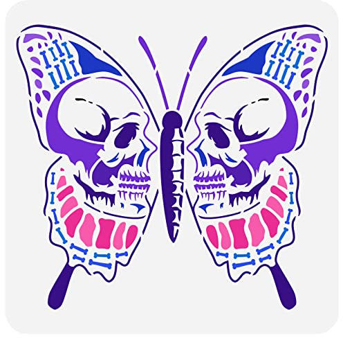 FINGERINSPIRE Skelett Motten Malschablone 30x30 cm Wiederverwendbare Mottenschädel Malschablone DIY Totenkopf Mottenschablone Zum Malen Auf Holz Fußboden Papier Wand Und Möbel