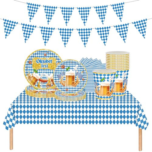 54 Stück Oktoberfest Partygeschirr Set,Blau und Weiß Karierte Bayrische Oktoberfest Party Deko Pappteller Becher Servietten Tischdecke Banner Einweggeschirr für Bierzelten Bier Festival München Bayern
