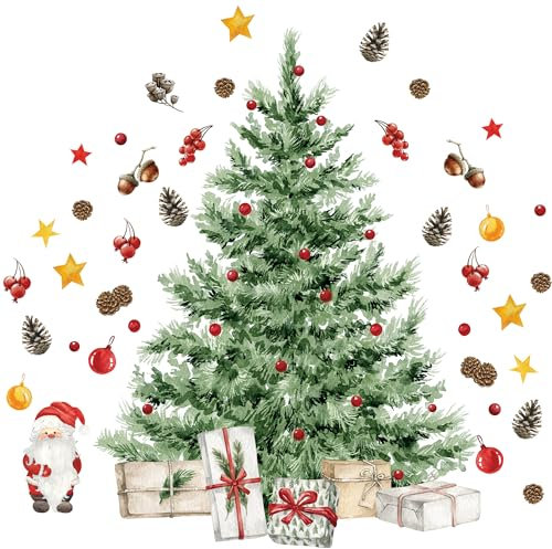 Calcomanías de pared grandes para árbol de Navidad, calcomanías de pared de acuarela para despegar y pegar, calcomanías de pared gigantes de árbol de Navidad extraíbles para baño, dormitorio, sala de