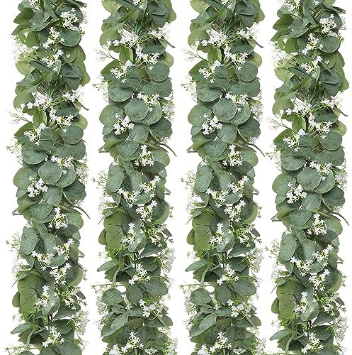 Eucalyptus Garland with White Flowers 4 Packs 5.9Ft Artificial Plants Vines