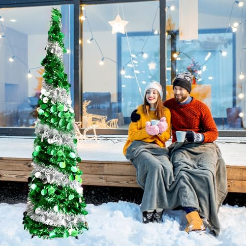 LIROPAU 5FT Pop Up Christmas Tinsel Tree, Collapsible Artificial Christmas Tree Artificial Pencil Christmas Trees with Shiny Sequins for Christmas Holiday Indoor Outdoor Xmas Decorations (Green)
