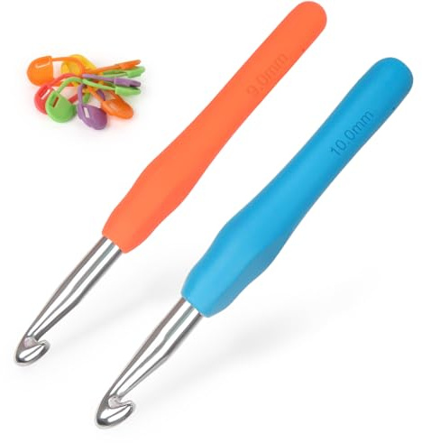 Coopay Häkelnadeln 9,0 mm und 10 mm, 2 Stück Metall Häkelnadel, Ergonomische Häkelnadel mit Weichen Griff für Arthritische Hände, TPR Griff Häkelnadeln für Anfänger & Profis, Häkelnadeln 9 10 mm