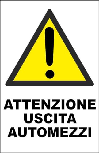 M-ITALY CARTELLO SEGNALETICO - ATTENZIONE USCITA AUTOMEZZI - Adesivo Extra Resistente, Pannello in Forex, Pannello In Alluminio (30x42, Adesivo)