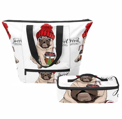 VAPOKF Wintermütze Welpe Mops mit Kaffeetasse Handtaschen für Frauen, Tote Umhängetasche mit isoliertem Lunchbeutel-Set, Tragegriff oben Schulterhandtaschen mit Reißverschluss