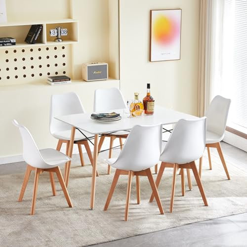 H.J WeDoo Esszimmertisch mit Stühlen, Essgruppe Weiß Tisch mit 6 Weiß Eiche Stühlen für Esszimmer
