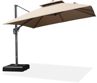 PURPLE LEAF 3 X 3 M Garden Cantilever Parasol Grey Frame, Large Overhanging Patio Umbrella with Crank Handle and Tilt for Balcony and Outdoor, Beige