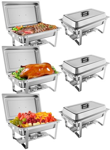 Takywep Chafing Dish Buffet Set 6 Pack, 8 QT Stainless Steel Chafer Buffet Food Servers and Warmers Set with Water Pan for Weddings, Parties, Banquets, and Catering