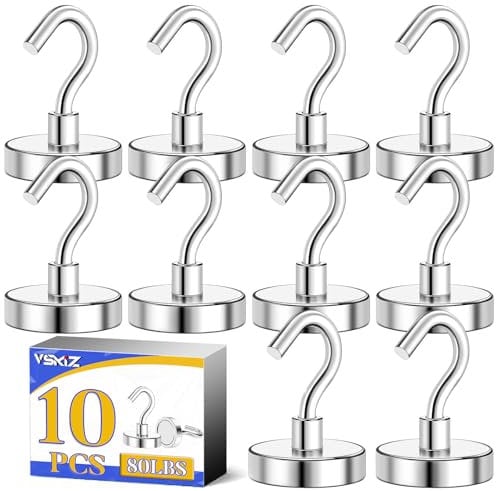 VSKIZ 10 Pack Heavy Duty Magnet Hooks, 80Lbs Extra Strong Magnetic Hooks for Cruise Cabins, Hanging, Metal Grill, Refrigerator, Toolbox
