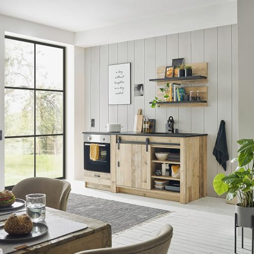 Lomadox Küchenmöbel Set in Old Style hell mit anthrazit Küchenschrank Küchenmöbel Wandregal Spültisch modern