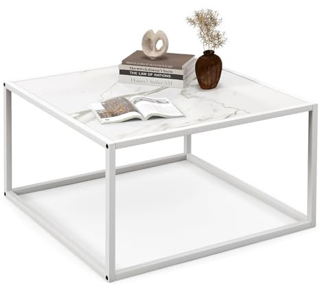 COSTWAY Table Basse Carrée, Table Basse Salon Faux Marbre, Cadre Métal, Facile à Installer, 70 x 70 x 40cm (Blanc)