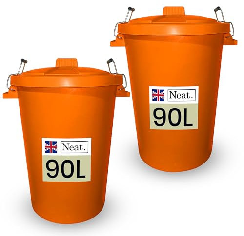 Neat. 90L Bin Coloured Large Plastic Bins, Heavy Duty Kitchen Bin with Metal Handle, Dustbin with Lid For Easy Refusal Garden Bin, Indoor Outdoor Rubbish, Waste or Storage of Animal Feed, Orange-2Pack