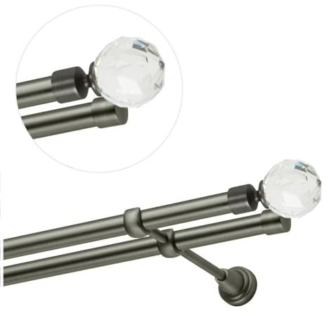 Gardinenstange 200 cm für Wandmontage, Vorhangstange 19 mm 2-läufig Antik Stahl, Gardinenstangenset mit Kugel Kristall