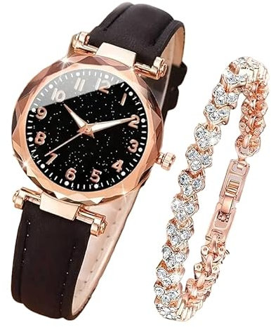 GEN:ZAI Women's Watch Set with Rhinestone Bracelet - Rose Gold Fashion Wristwatch and Matching Bracelet - Elegant Gift for Ladies - UK (Black)