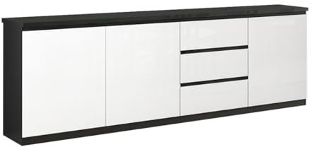 AltoBuy DEYTON - Buffet 3 Portes 3 Tiroirs Laqué Noir et Blanc Brillant