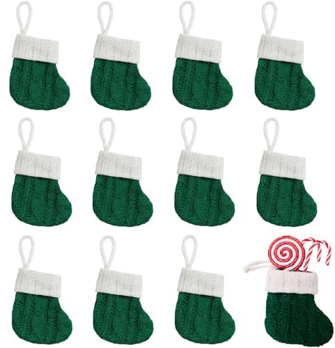 12 Stück Mini Weihnachtsstrümpfe Weihnachten Bestecktasche Besteckhalter, Gestrickte Weihnachtsstrumpf Nikolausstiefel Zum Befüllen, Hängende Strümpfe Besteckbeutel Tischdeko Für Weihnachtsdeko (Grün)