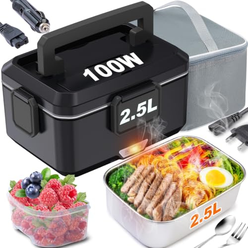 Nifogo Contenitore per alimenti elettrico per adulti, 2,5 l, 80 W, 3 in 1, 110 V/12 V/24 V, contenitore rimovibile in acciaio inox, grande borsa (2,5 l, nero)