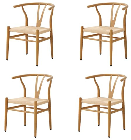 DEYARNA HOME 4er Set Rattan-Esszimmerstühle, Küchenstühle mit Geflochtenem Kissen (Papierschnur) und Metallgestell (Natürlich)