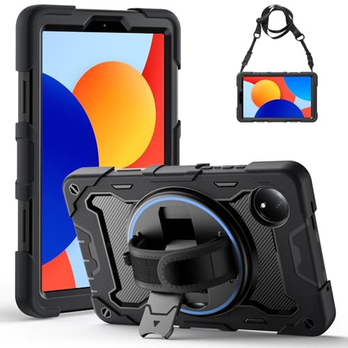 Gerutek Funda Anticaída para Xiaomi Redmi Pad SE 2024 (8.7 Pulgadas), Carcasa Rugosa con Soporte 360° Giratorio, Correa de Mano/Hombro, Portalápiz, Funda Resistente para Redmi Pad SE 8.7 2024, Negro