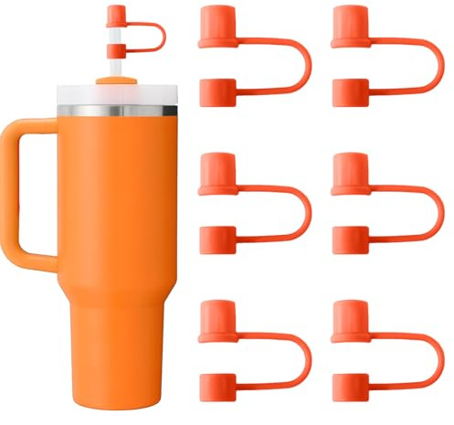 CEDIDJAC 6PCS Silicone Straw Covers Cap Compatible with Stanley Cup 30-40 oz Tumbler with Handle 10mm Straw Toppers Reusable Straw Cover for Stanley Cup Accessories （Orange）