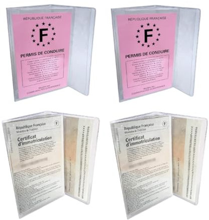 CANOCEA Lot 2 Etuis Carte Grise + 2 étuis permis de Conduire - PVC Cristal Transparent -Fabriqué en France - Pochette Voiture Auto Moto -