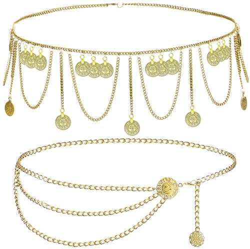 Znnhnn 2 Stück Taillenketten für Damen Retro Bauchketten mit Goldmünzen | Verstellbare Bauchtanz Metall Bauchkette Gold Körperketten Kettengürtel Bauchschmuck Münzgürtel für Frauen Karneval Tanzparty