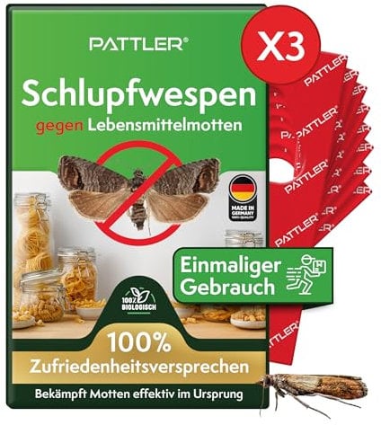 PATTLER® Schlupfwespen gegen Lebensmittelmotten - 3 Karten à 1 Lieferung - Effektiv Motten bekämpfen - Alternative zur Mottenfalle, Mottenspray, Pheromonfalle (3 Karten à 1 Lieferung)