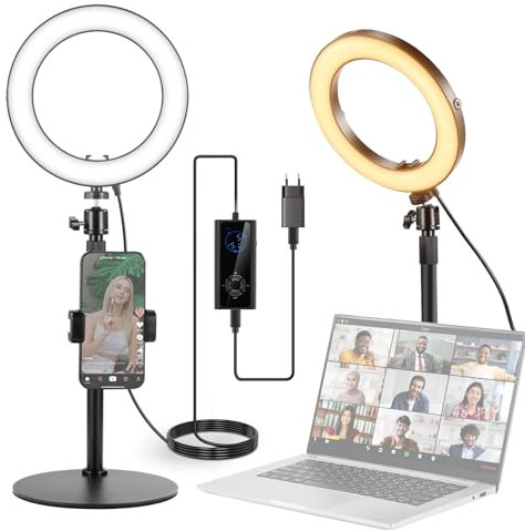 NEEWER 8 18W Aro Luz Escritorio para Móvil, 2900-7000K Bicolor 1380lux/0,5m CRI95+/TLCI97+ 12 Efectos Luz Selfies con Tipo C Soporte Teléfono y Control Remoto para Zoom Call/Youtube/TikTok Vlog,RH8B