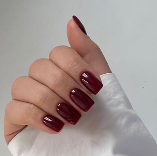 Unghie Finte Corte MouyouGlow,Squadrata Rosso Scuro Bordeaux Monocolore Glossy Press on Nails con Colla,Basic Solid Dark Red Fake Nails
