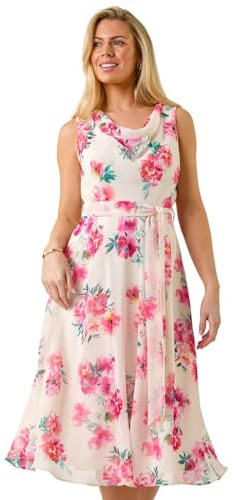 Roman Originals Floral Print Cowl Neck Dress for Women UK - Ladies Everyday Holiday Spring Summer Comfy Soft Evening Vacation Work Party - Petite Ivory - Size 16