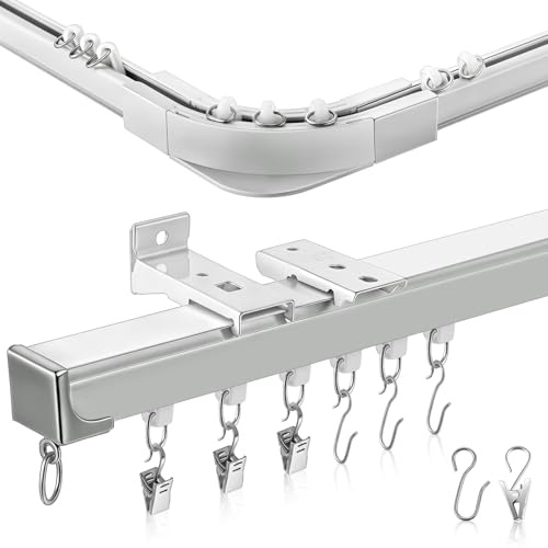 Juexica 5 m Vorhangschienen-Set mit 90-Grad-Eckbiegen, Decken- oder Wandhalterung, Aluminium, robuste Deckenhalterung, verstellbare Länge, Vorhangschienen mit Stangen, Clips, Haken (weiß)
