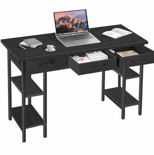 Panana Computer Desk 120x40cm Home Office Desk Writing Table with 3 Drawers & 4 Adjustable Shelves for Storage Small Desk for Home Office (Black)