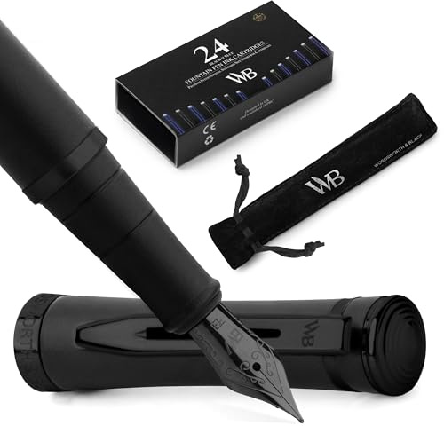 Wordsworth & Black Fountain Pen Set for Writing, Extra Fine Nib, All Black | Gift for Men & Women, Brass Body, 18K German Iridium, Calligraphy, Converter + 24 Ink Cartridges, Refillable, Cartridge Pen