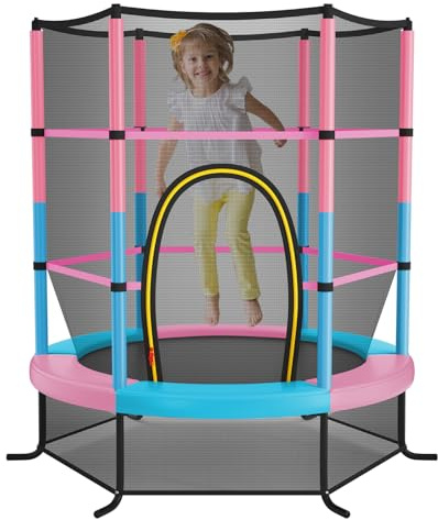 GOPLUS Trampolin Indoor, Kindertrampolin mit Sicherheitsnetz, überdachung, verzinkte Stahlkonstruktion, Sprungmatte, Gartentrampolin rund bis 135kg belastbar (Rosa)