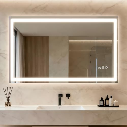 Clevich LED Badspiegel mit Beleuchtung & Uhr 100x60cm, Dimmbar Beschlagfrei | Gehärtetes Sicherheitsglas, Touch dimmbar, 3 Lichtfarben Beschlagfrei, Memory-Funktion, einfache Wandmontage