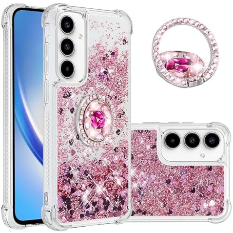 MODFYN Glitzer Liquid Hülle für Galaxy A57.Rose Gold Heart | Bling Sparkle Quicksand Fließende Soft TPU mit Ring Ständer Handyhülle für Samsung Galaxy A57