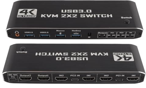 Ubric KVM-switch, 2 ingångar, 2 utgångar, 2 datorer, 2 bildskärmar, 4K 60 Hz-Switch, USB-portar för att dela tangentbord, mus, USB-minne och skrivare