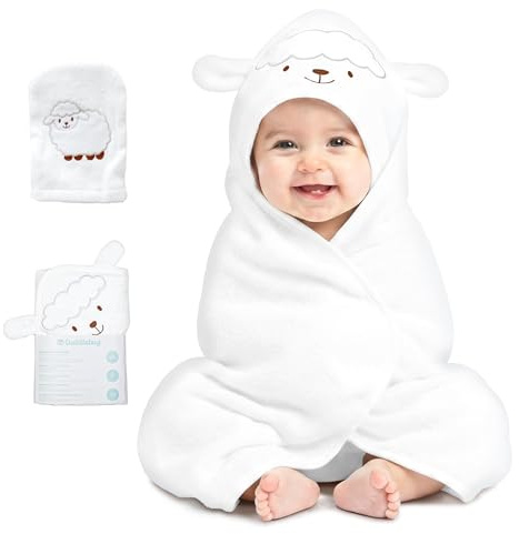 CuddleBug Baby Kapuzenhandtuch & Waschlappen Set - 100% Baumwolle Frottee - Weiches Baby Badetuch für Neugeborene & Kleinkinder - Baby Erstausstattung Geschenk (85 x 85 cm) - Lamb