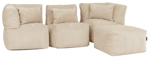 Icon Noa Modular Sofa für Erwachsene, Beige, Flauschiger Cordstoff, 3 Sitzer Ecksofa, Bequemer Bean Bag Sofa mit Füllung, Relaxsessel, Lounge, Wohnzimmer Möbel