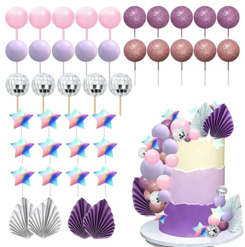 Disco Ball Cake Decor, 41PCS Balls Cake Toppers, Ball Cake Topper Decorations, Disco Ball Cake Decoration, Purple Palm Leaves Cake Decoration Disco Ball Cake Decorations for Birthday Party Decoration