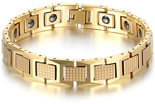JewelryWe Schmuck Herren Magnet Armband, Luxus Kariert Rechteck I Link Magnetarmband Armreif, Wolfram Wolframcarbid, Gold