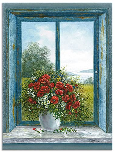 ARTland Wanddeko Wandbild Alu Verbundplatte für Innen & Outdoor Bild 60x80 cm Stillleben Arrangements Botanik Malerei Blau Mohnblumen am Fenster A6KK