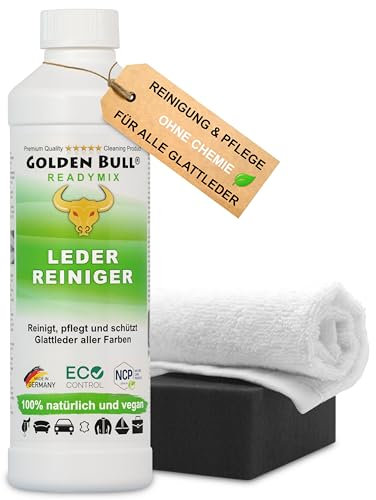 Golden Bull® Lederreiniger & Lederpflege für Ledercouch Set [STARK - VEGAN - OHNE Chemie] Leder Reiniger 500ml, Schwamm, Tuch - mit natürlichem Kokosöl für optimale Reinigung & Pflege von Auto Sofa