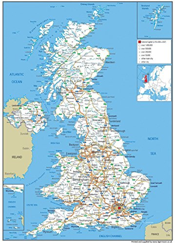 Road Map of The UK - Size A2-59.4 x 42cm - Paper Laminated | Detailed Laminated Wall Map, Ideal For Home, Office Or Classroom Display.