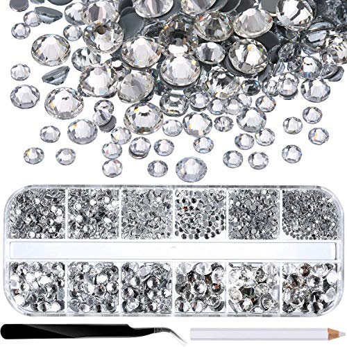 BUYGOO 2016PCS Flache Rückseite Strasssteine - Kristall Strasssteine Runde Edelsteine 6Größen 1,5-6mm mit Pinzette Strass Picking Stift für Handwerk Nagel Gesicht Kunst Kleidung Schuhe Taschen DIY