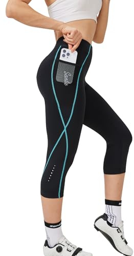 Santic Frauen Radfahren Shorts gepolstert 3/4 hohe Taille Bike Shorts Fahrrad Capris für Frauen mit Taschen